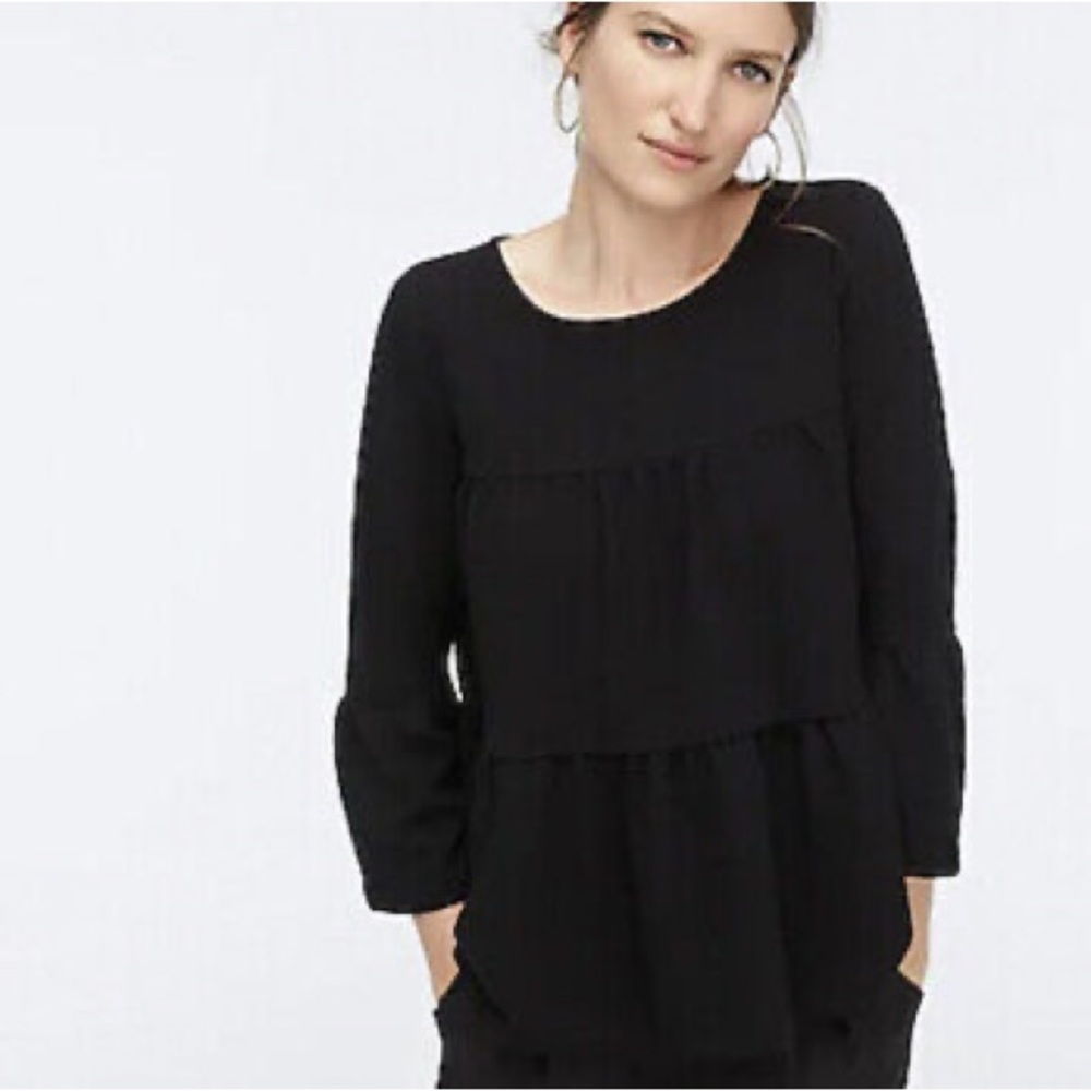 J. CREW Black Button-back tiered bell-sleeve top